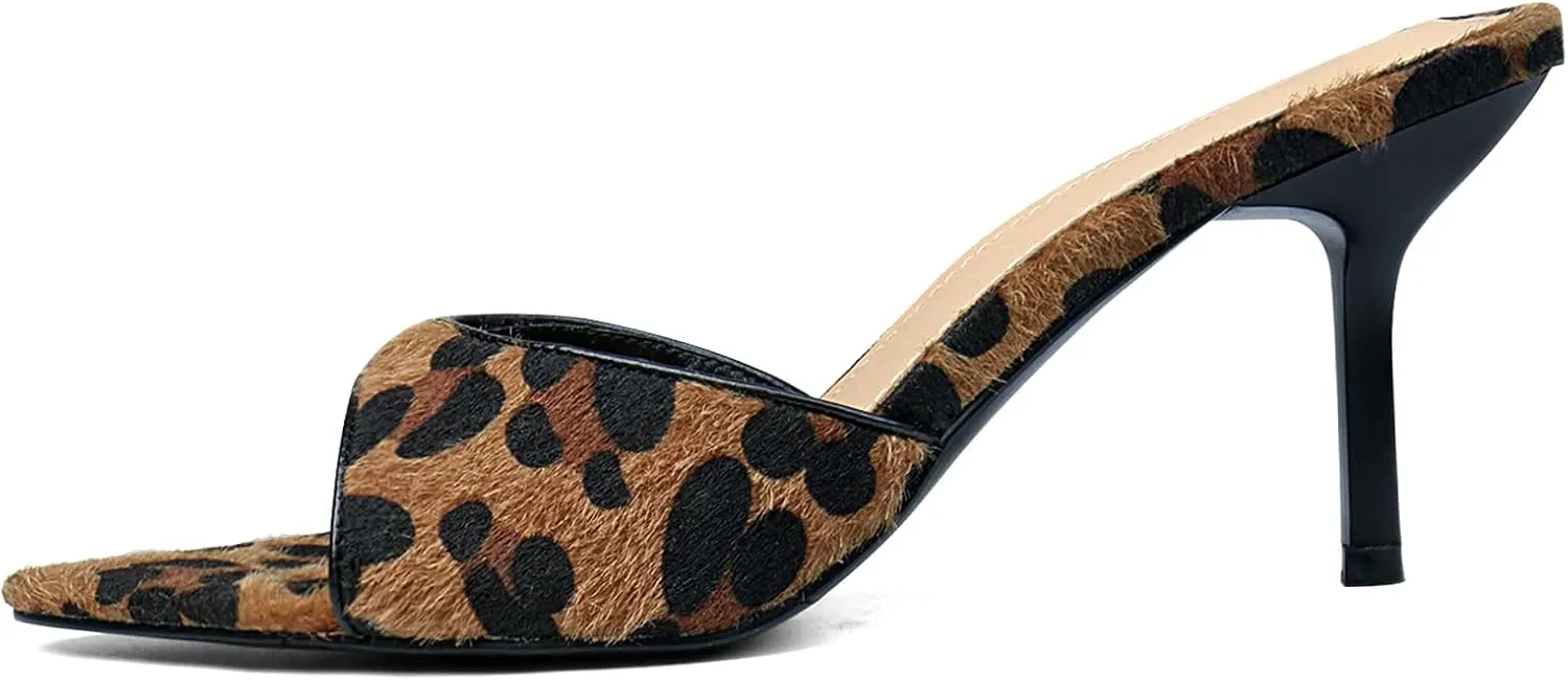 Leopard Kitten Heels Pointed Toe Mule Heels for Women Open Toe Kitten Heel for Party Dressy Wedding