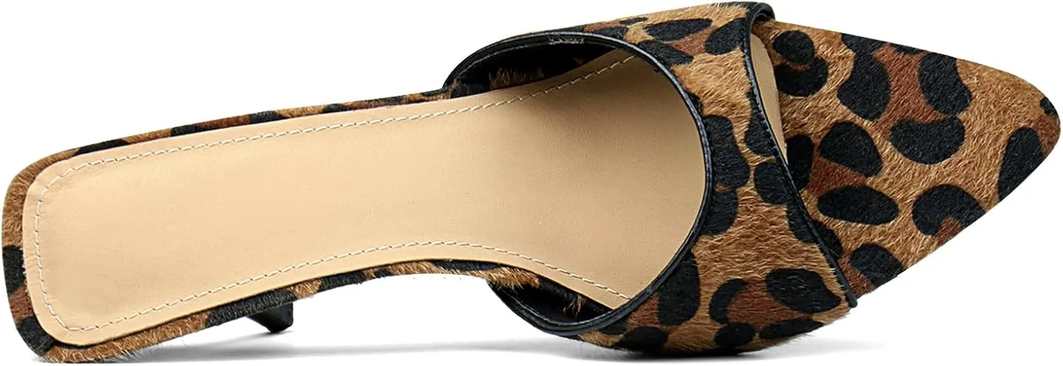 Leopard Kitten Heels Pointed Toe Mule Heels for Women Open Toe Kitten Heel for Party Dressy Wedding