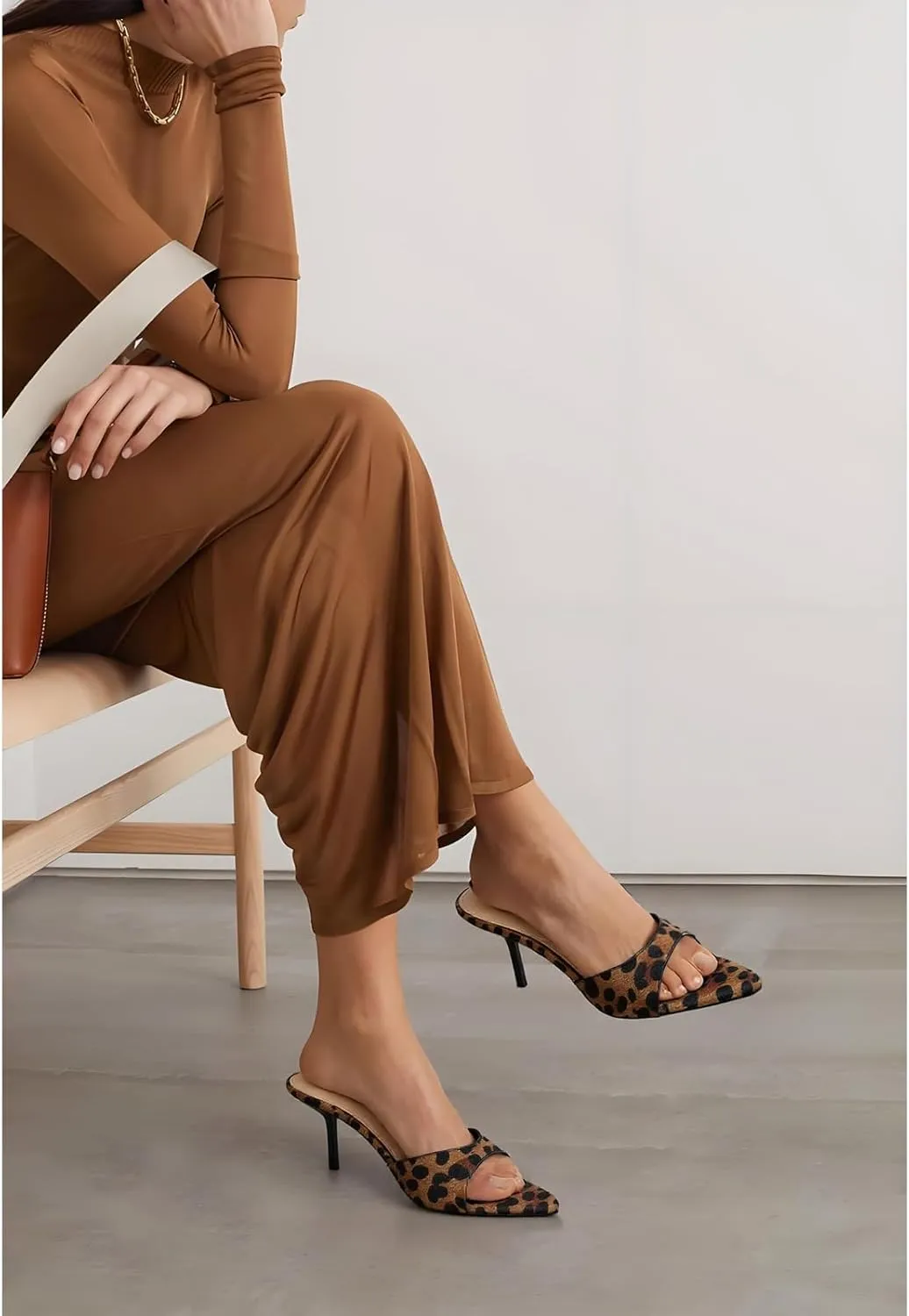 Leopard Kitten Heels Pointed Toe Mule Heels for Women Open Toe Kitten Heel for Party Dressy Wedding