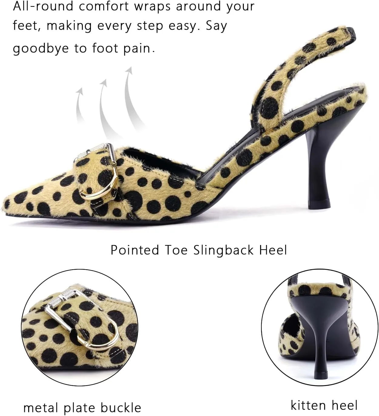Leopard Kitten Heels Pointed Toe Slingback Heels for Women Closed Toe Pumps with Buckle