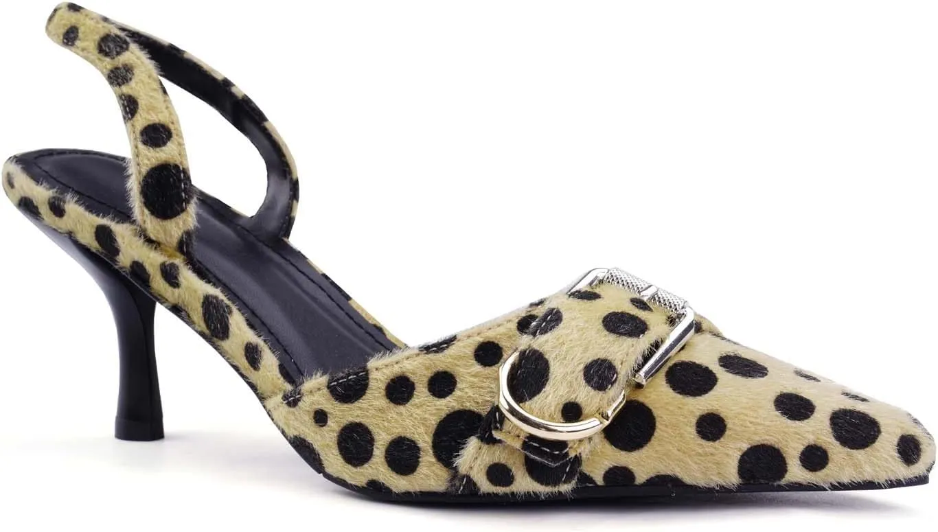 Leopard Kitten Heels Pointed Toe Slingback Heels for Women Closed Toe Pumps with Buckle