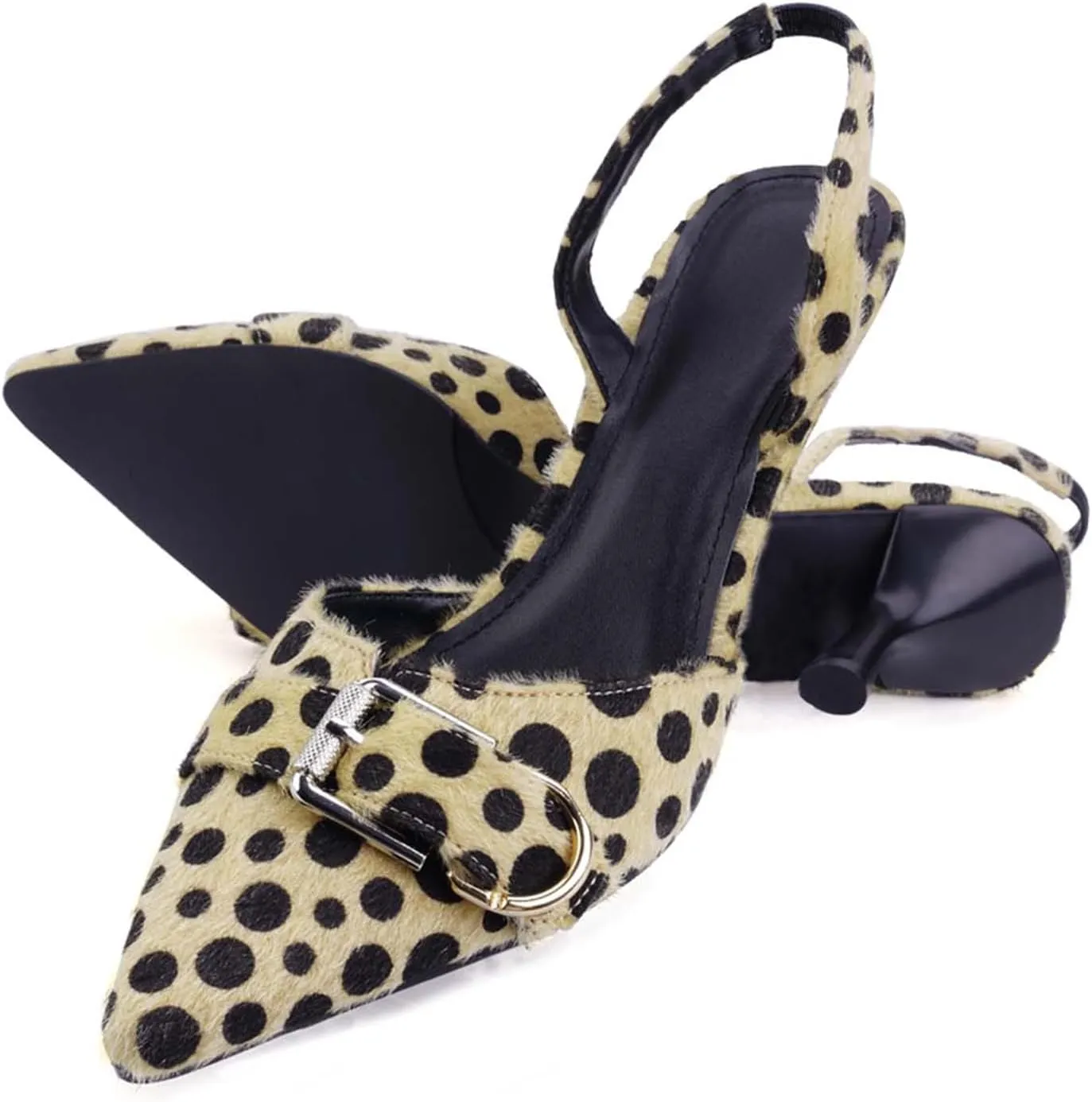 Leopard Kitten Heels Pointed Toe Slingback Heels for Women Closed Toe Pumps with Buckle