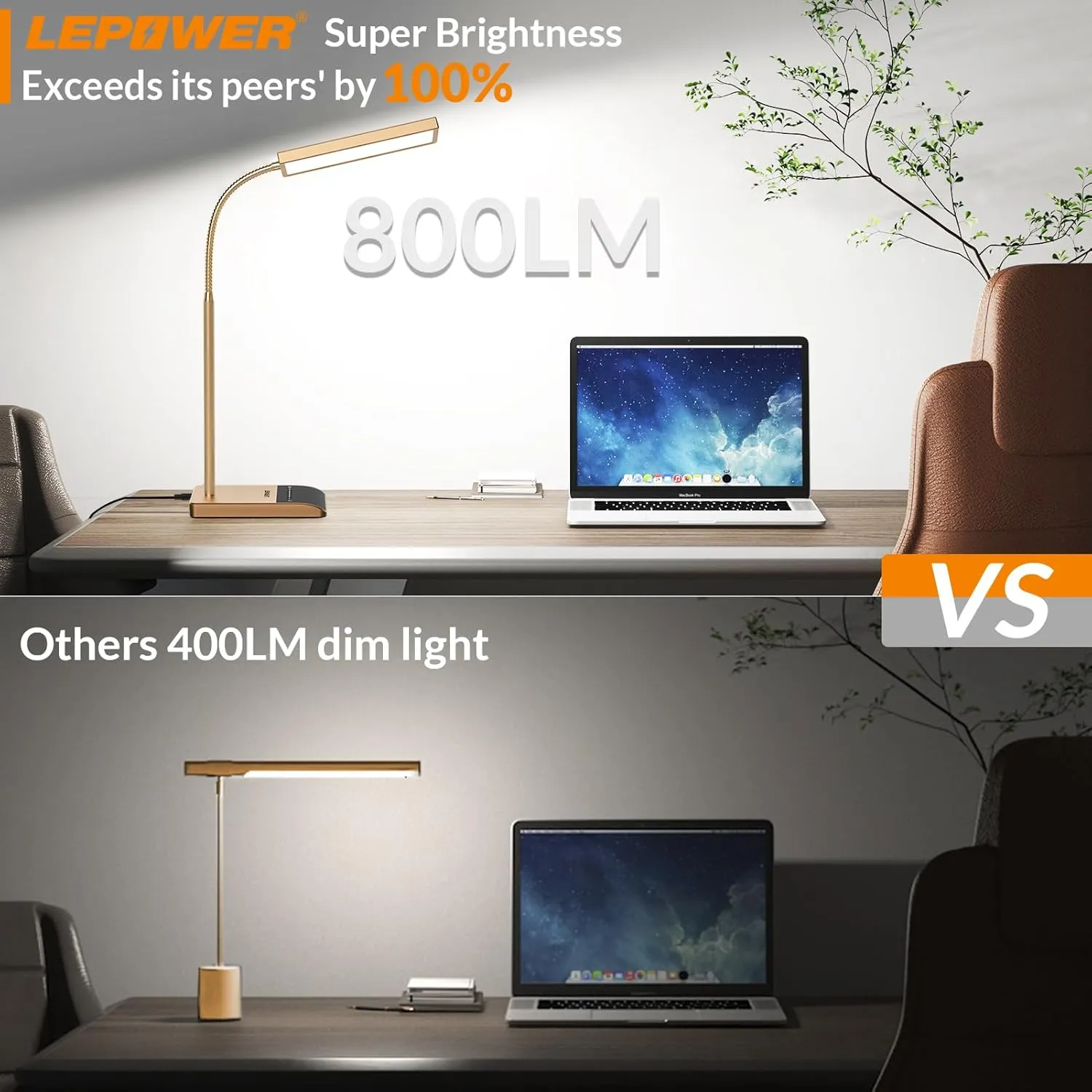 LEPOWER Desk Lamp, 800LM LED Reading Lamp for Home Office & Bedroom, Touch Control, Gooseneck, 50 Modes (Gold)
