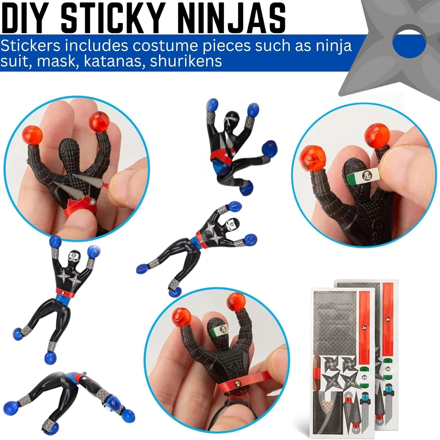 Liberty Imports Sticky Wall Climbing Ninjas with DIY Costume Stickers, Stretchy Climbers Window Crawlers, Party Favor Tricky Novelty Toys Climbing Rolling Men for Kids (Pack of 24)
