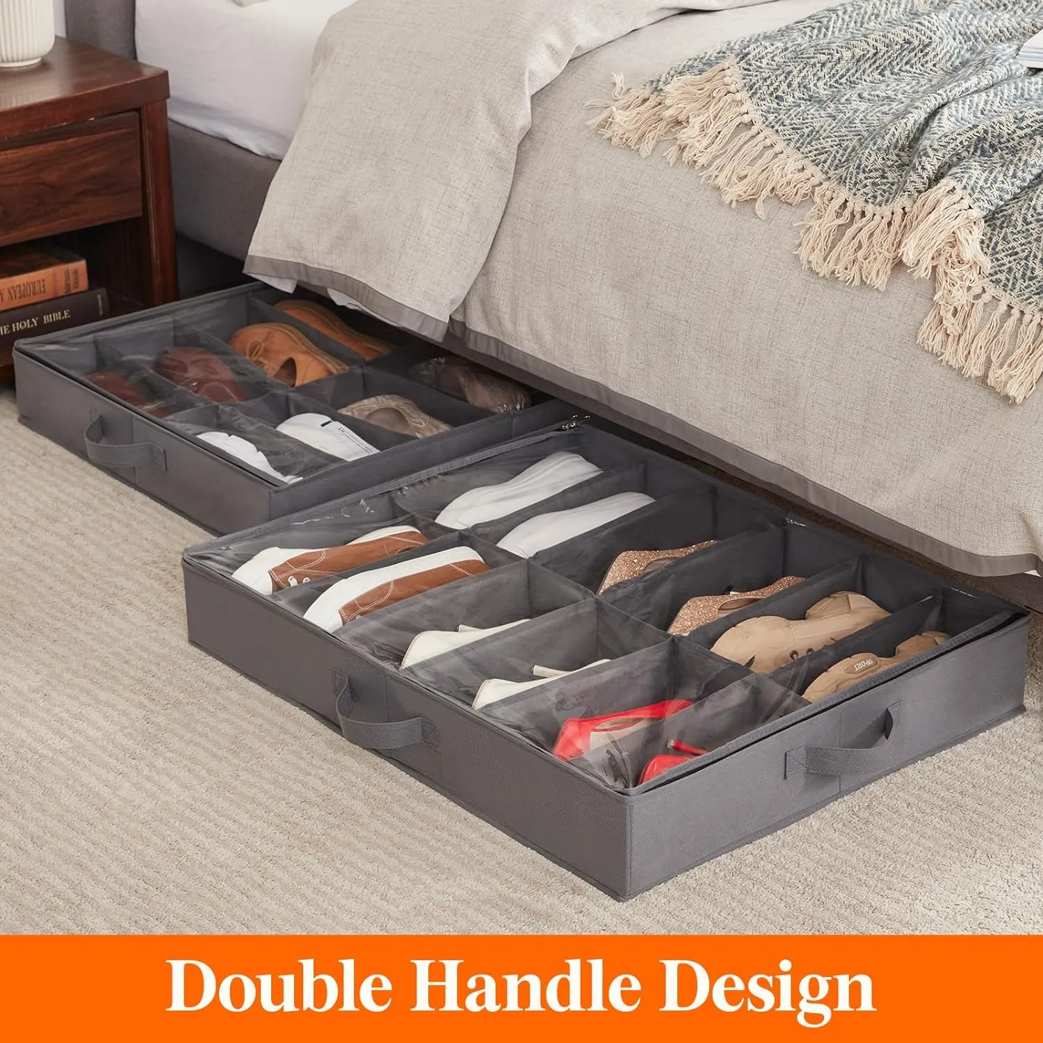 Lifewit Under Bed Shoe Storage Organizer Set of 2, 4.3 Inches Tall Low Profile Fabric Shoes Container Box with Clear Cover, Foldable Storage Bag with 2 Handles, Total Fits 24 Pairs of Shoes, Grey