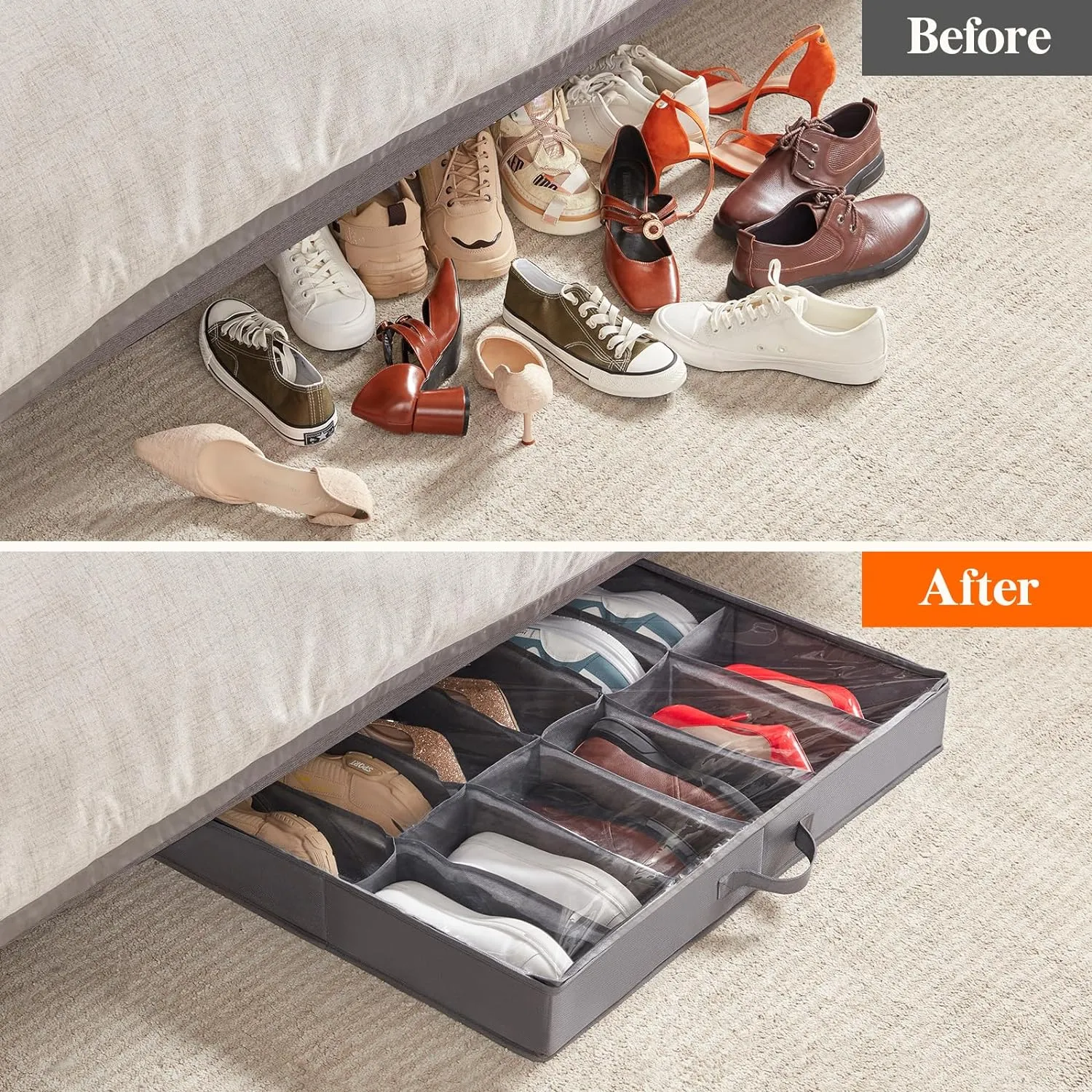 Lifewit Under Bed Shoe Storage Organizer Set of 2, 4.3 Inches Tall Low Profile Fabric Shoes Container Box with Clear Cover, Foldable Storage Bag with 2 Handles, Total Fits 24 Pairs of Shoes, Grey