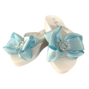 Light Blue Satin Bow Flip Flops with Infinity Circle Rhinestone, White or Ivory, Customize Colors