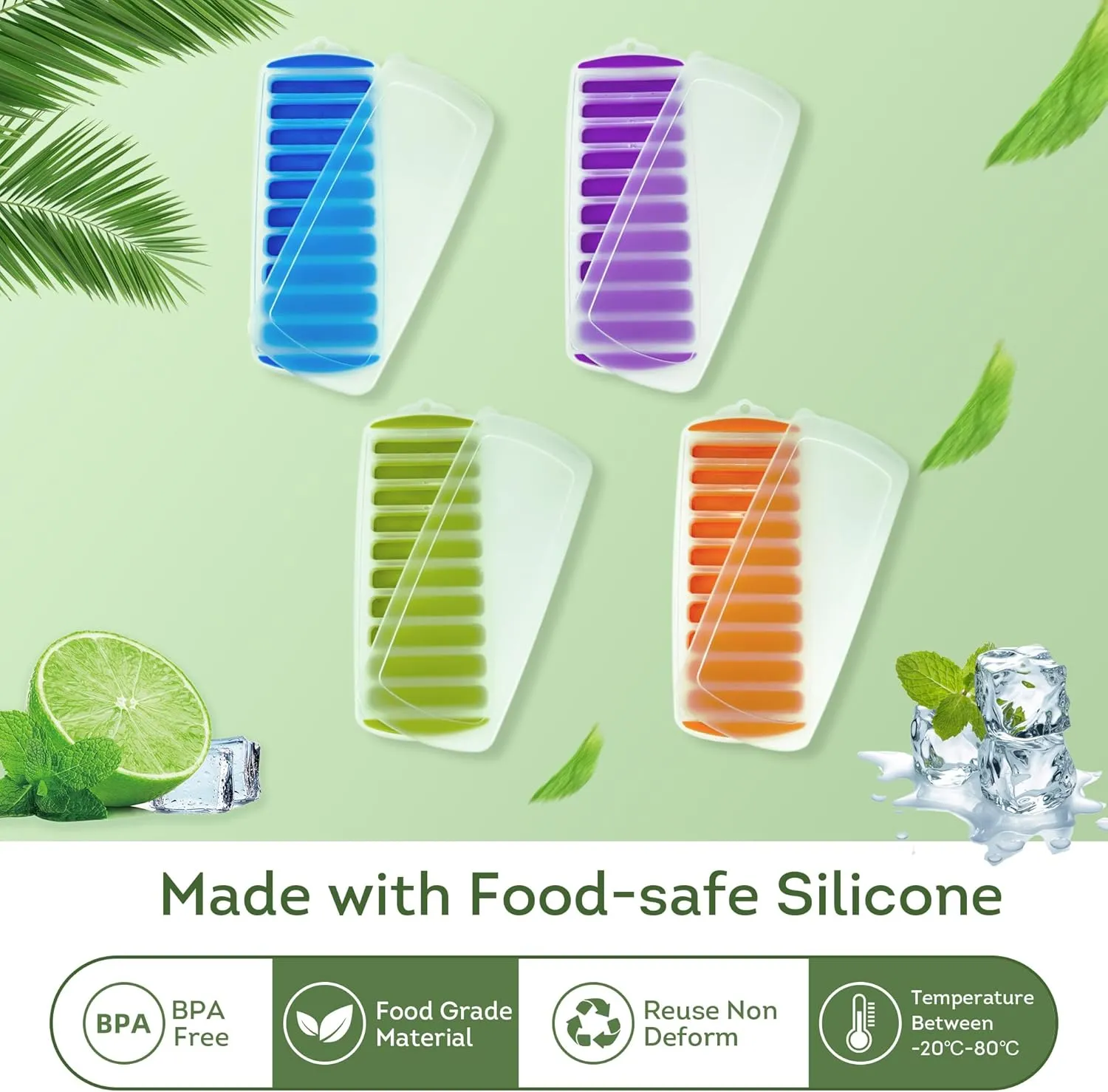 Lily's Home Silicone Ice Cube Tray with Lid Set of 4, BPA-Free, Ideal for Water Bottles & Sports Bottles, Flexible & Stackable Design for Quick Release, Ice Cube Trays for Freezer(11.69"x4.72"x0.79")