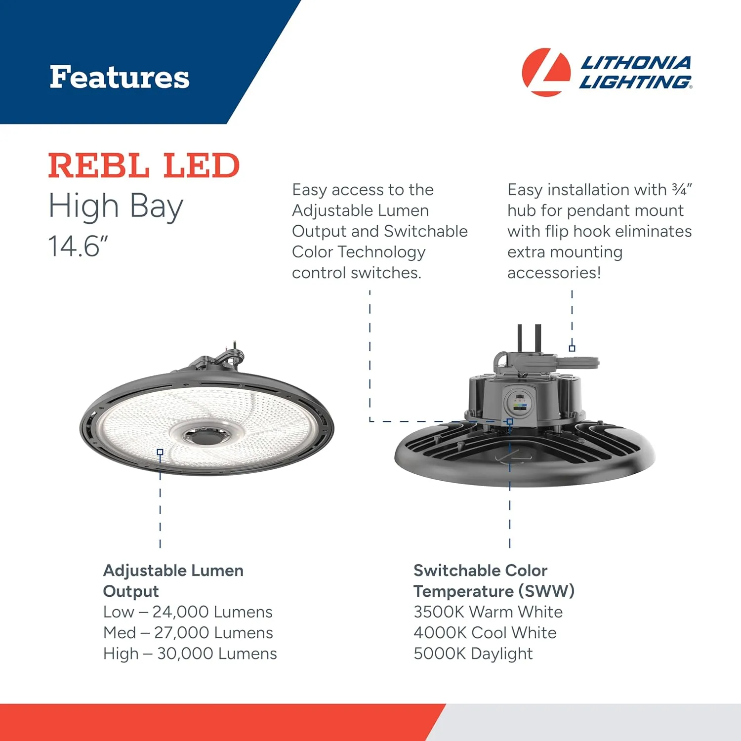 Lithonia Lighting REBL Round High Bay LED Light, 24,000/27,000/30,000 Adjustable Lumen Output, 3500K/4000K/5000K Switchable White Color Temperature, Work Light, UVOLT 120-347V, 14.6" x 7.7", Bronze