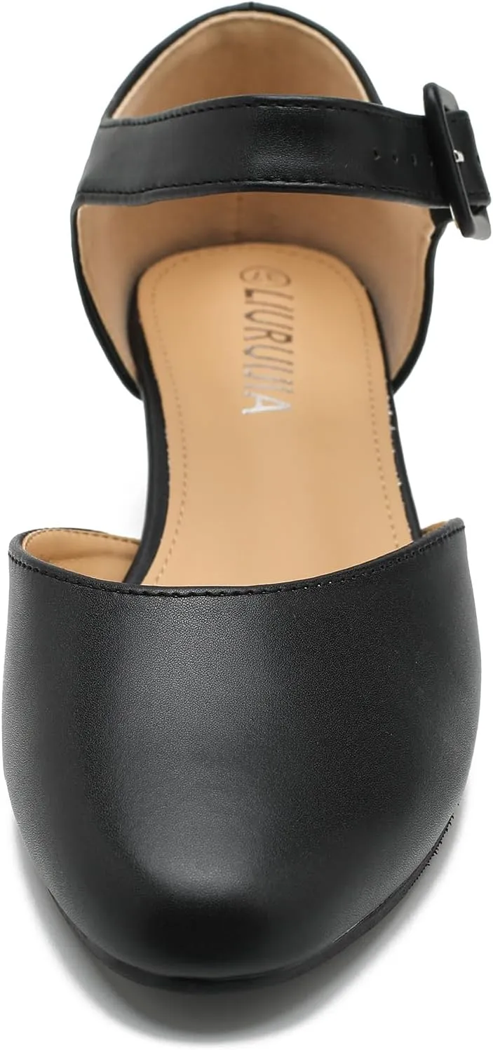 LIURUIJIA Women's Closed Toe Low Heel Dress Shoes Ankle Strap D'Orsay Work Office Comfortable Pumps
