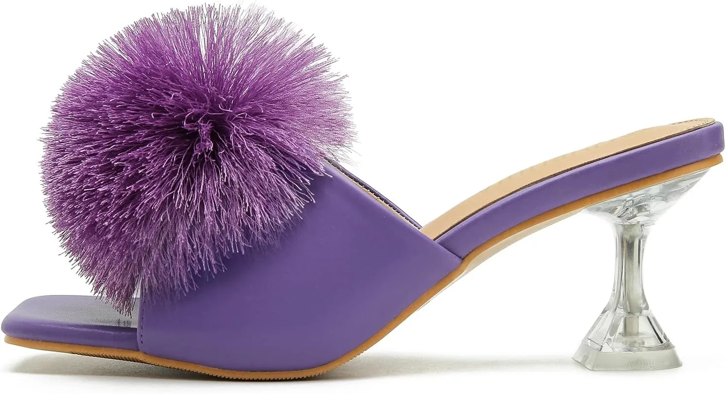 LIURUIJIA Womens Pom Poms Mule Heels Sandals Comfortable Square Toe Low Heels Party Wedding Shoes