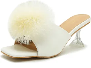 LIURUIJIA Womens Pom Poms Mule Heels Sandals Comfortable Square Toe Low Heels Party Wedding Shoes