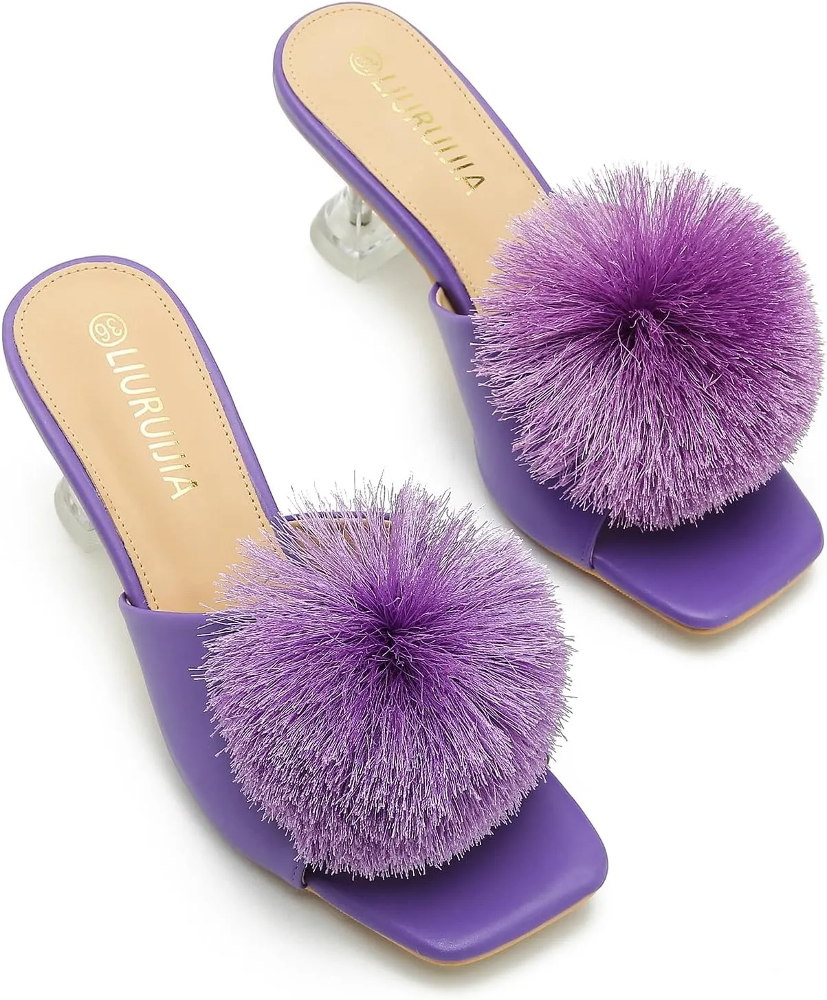 LIURUIJIA Womens Pom Poms Mule Heels Sandals Comfortable Square Toe Low Heels Party Wedding Shoes