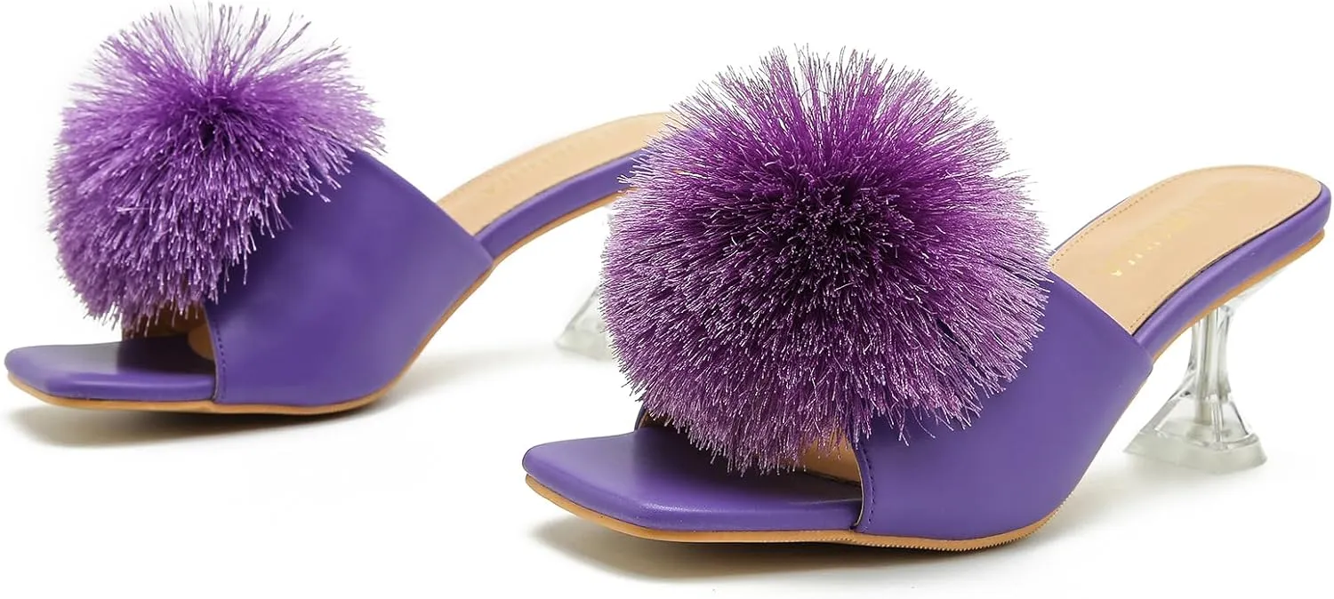 LIURUIJIA Womens Pom Poms Mule Heels Sandals Comfortable Square Toe Low Heels Party Wedding Shoes
