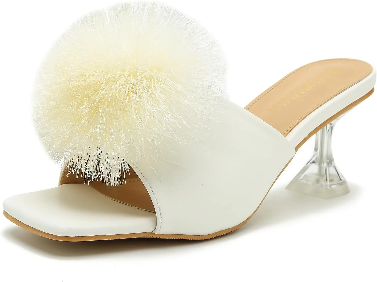 LIURUIJIA Womens Pom Poms Mule Heels Sandals Comfortable Square Toe Low Heels Party Wedding Shoes