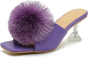 LIURUIJIA Womens Pom Poms Mule Heels Sandals Comfortable Square Toe Low Heels Party Wedding Shoes