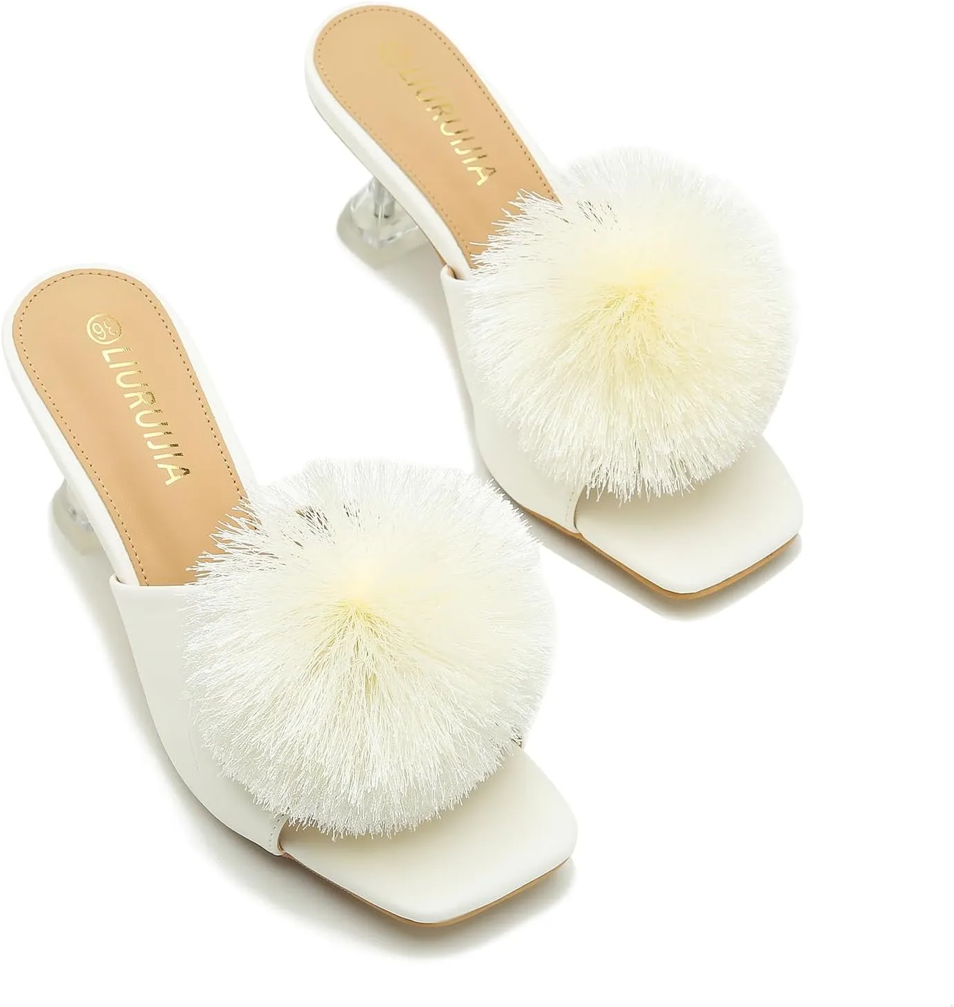 LIURUIJIA Womens Pom Poms Mule Heels Sandals Comfortable Square Toe Low Heels Party Wedding Shoes
