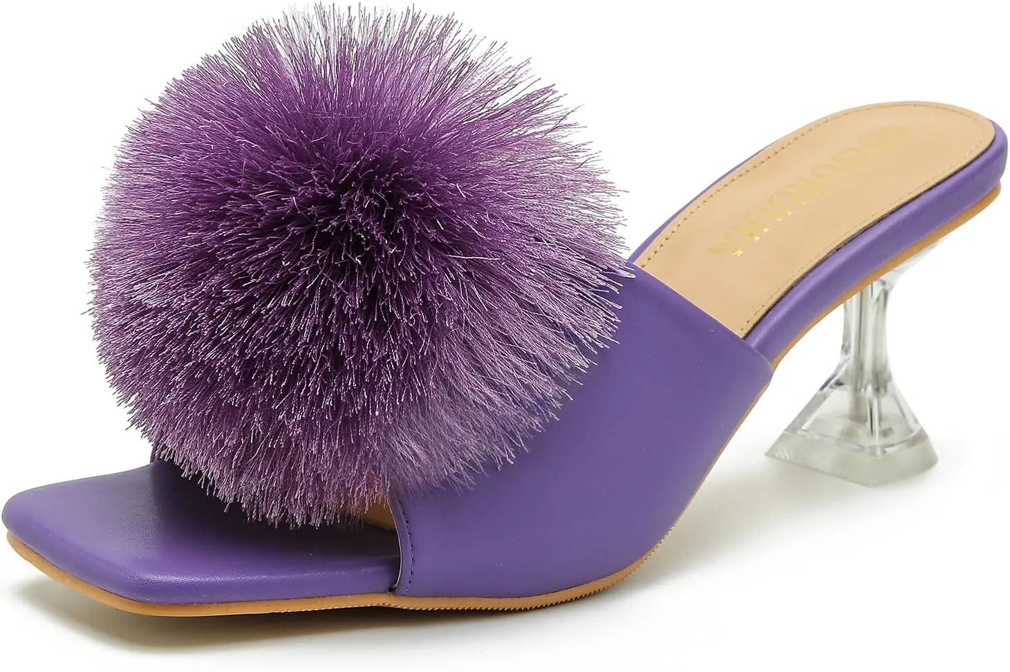 LIURUIJIA Womens Pom Poms Mule Heels Sandals Comfortable Square Toe Low Heels Party Wedding Shoes