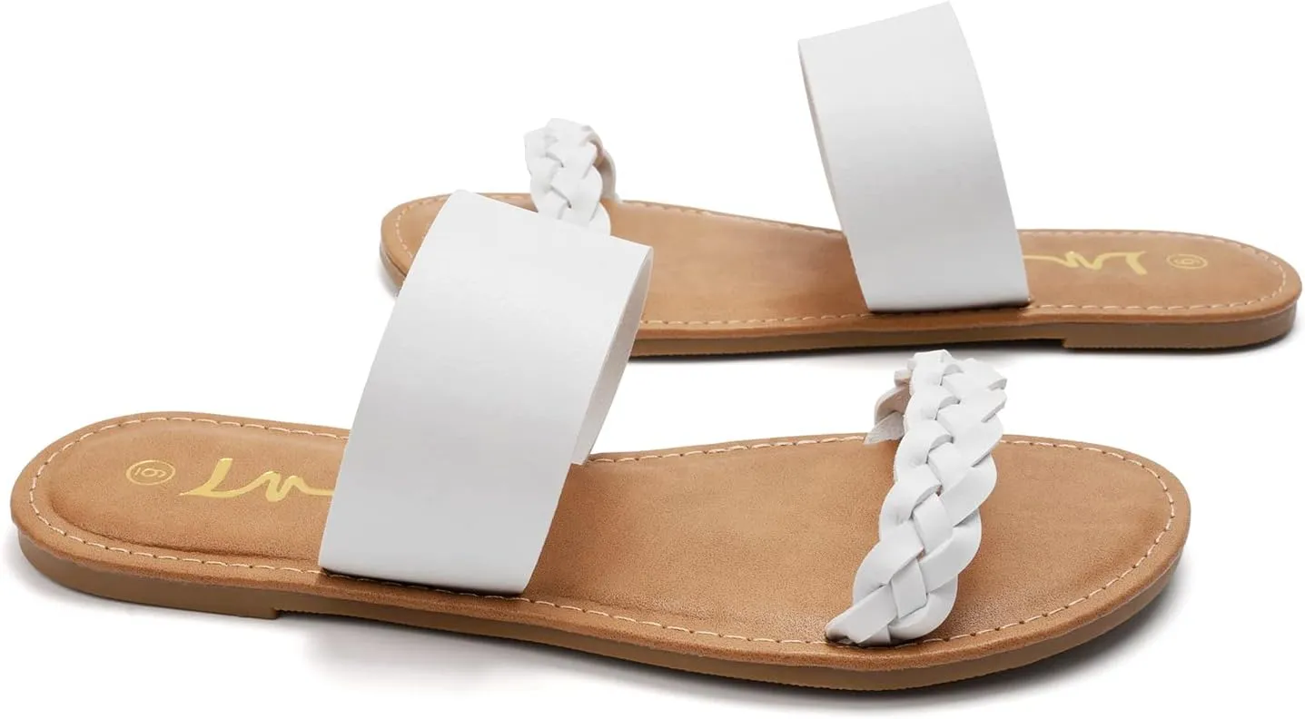 LM Women's Braided Slide Sandals Open Toe Two Band Slip On Flat Sandals Casual Summer Sandals