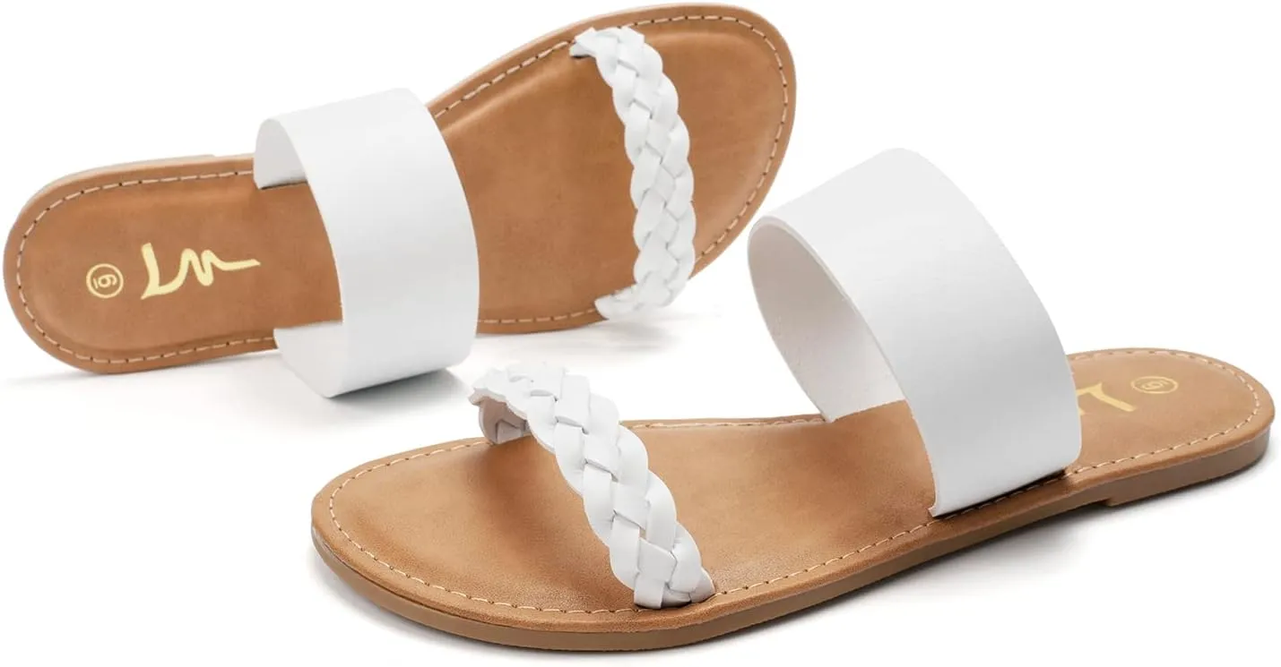 LM Women's Braided Slide Sandals Open Toe Two Band Slip On Flat Sandals Casual Summer Sandals