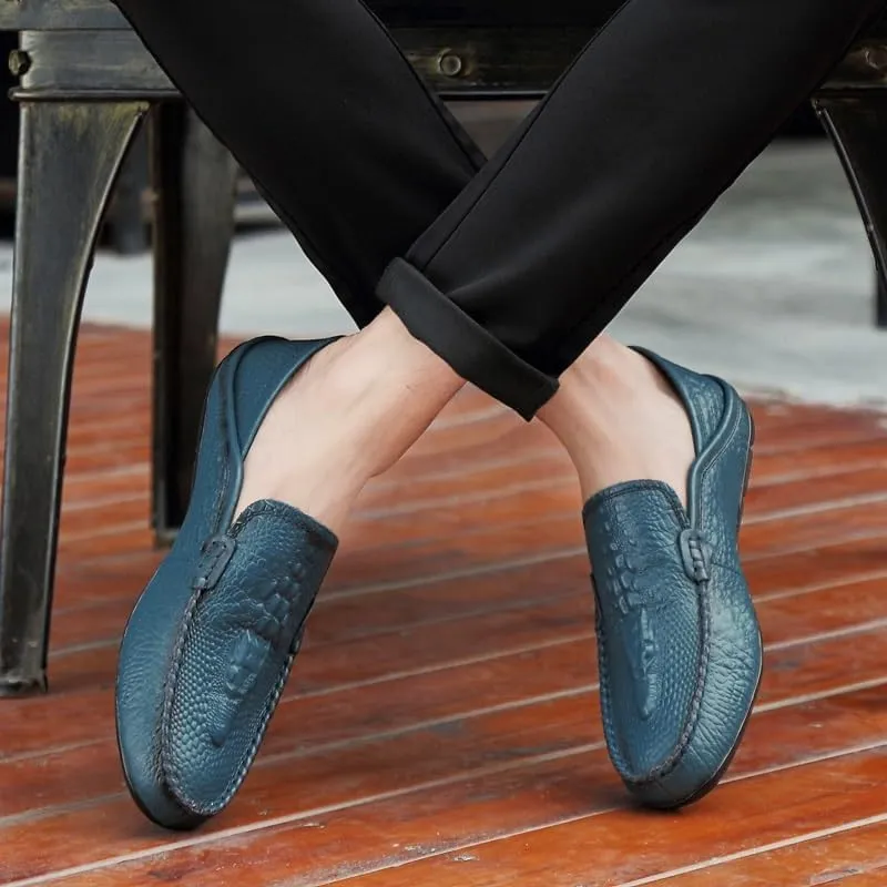 Loafers for Men Round Toe Solid Color Crocodile Print Leather Loafer Shoes Anti-Slip Flexible Lightweight Walking Outdoor Slip On