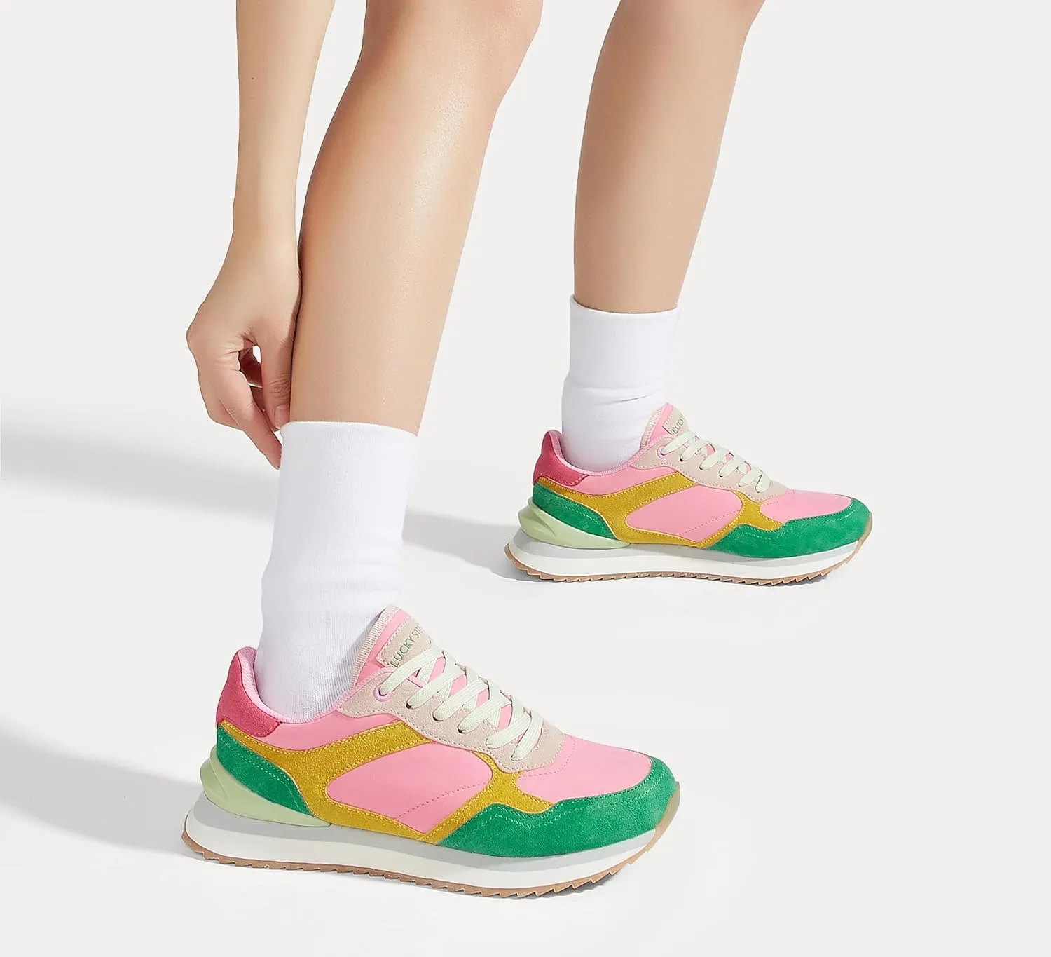 LUCKY STEP Women's Platform Fashion Sneakers Suede Colorful Colorblock Stylish Retro Casual Neutral Tennis Running Footwear Walking Shoes