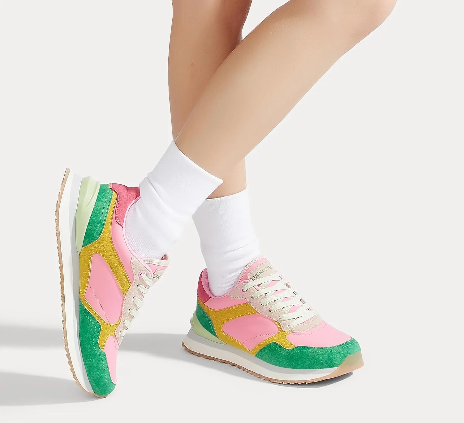 LUCKY STEP Women's Platform Fashion Sneakers Suede Colorful Colorblock Stylish Retro Casual Neutral Tennis Running Footwear Walking Shoes