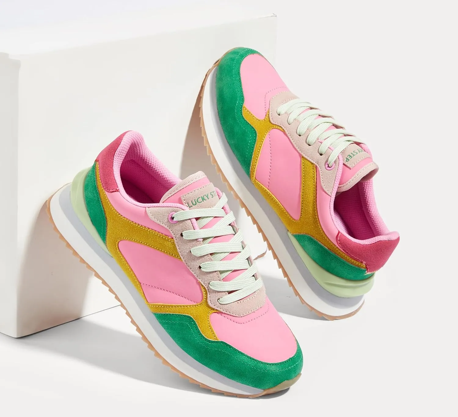 LUCKY STEP Women's Platform Fashion Sneakers Suede Colorful Colorblock Stylish Retro Casual Neutral Tennis Running Footwear Walking Shoes