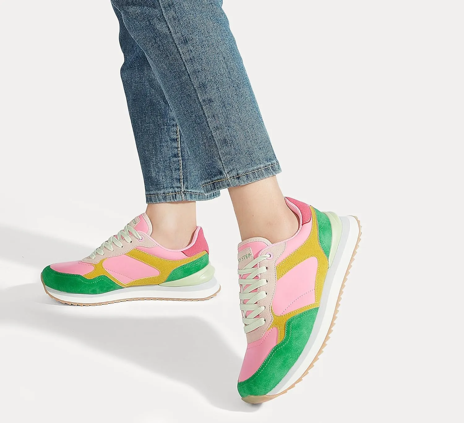 LUCKY STEP Women's Platform Fashion Sneakers Suede Colorful Colorblock Stylish Retro Casual Neutral Tennis Running Footwear Walking Shoes