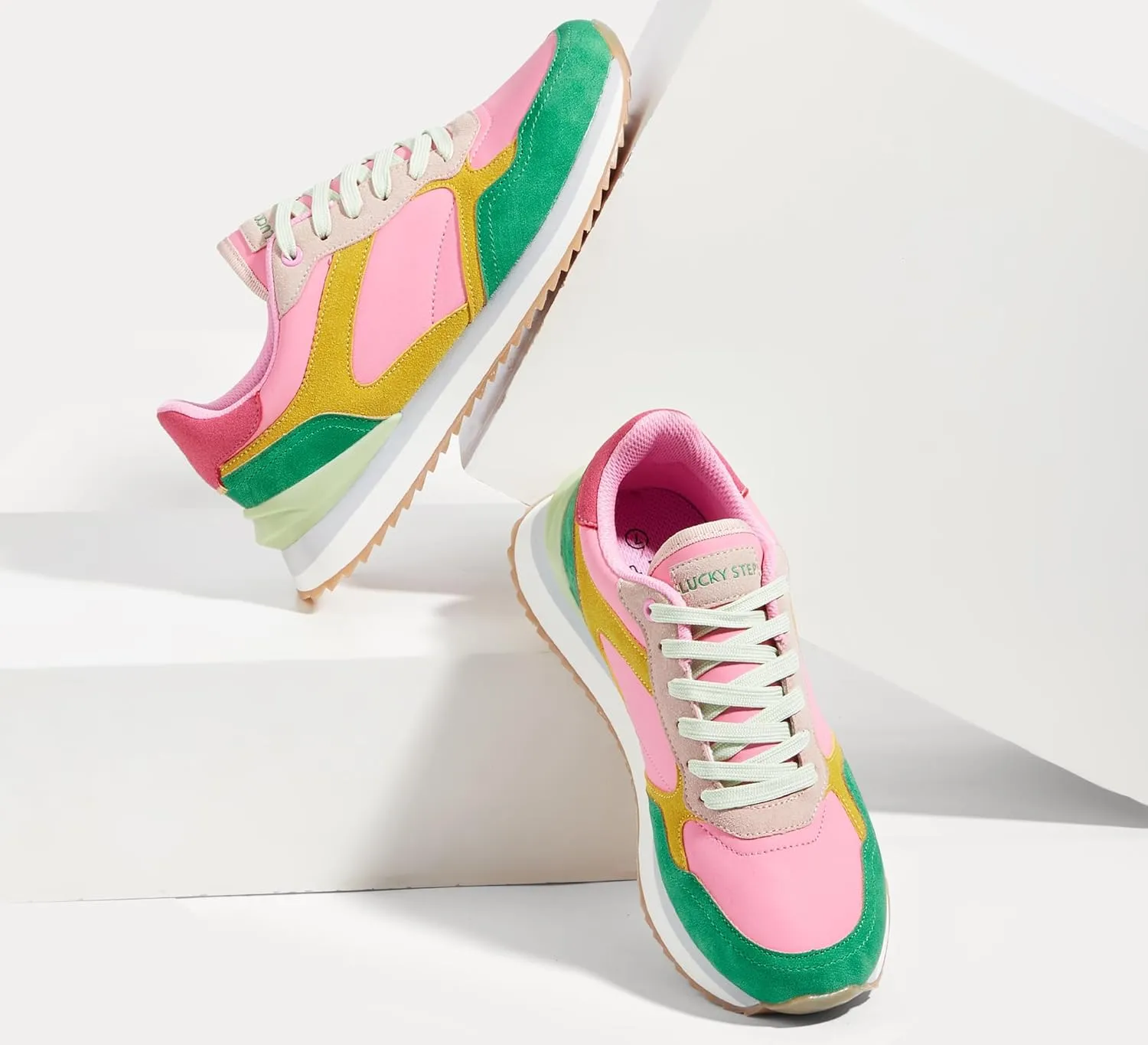 LUCKY STEP Women's Platform Fashion Sneakers Suede Colorful Colorblock Stylish Retro Casual Neutral Tennis Running Footwear Walking Shoes