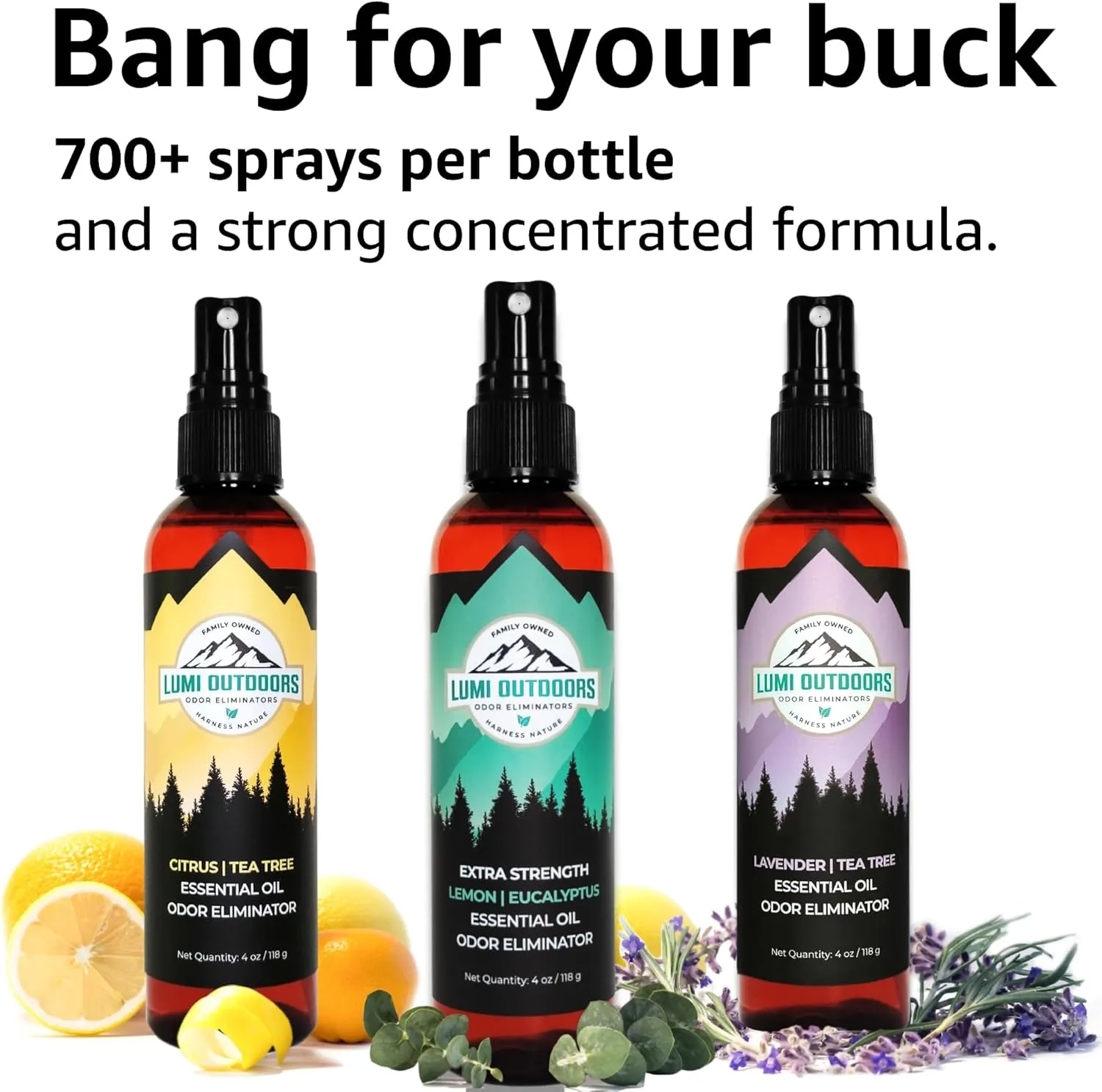 Lumi Outdoors Natural Shoe Deodorizer Spray 3 Pack Bundle - Lemon Eucalyptus, Citrus Tea Tree, Lavender Tea Tree