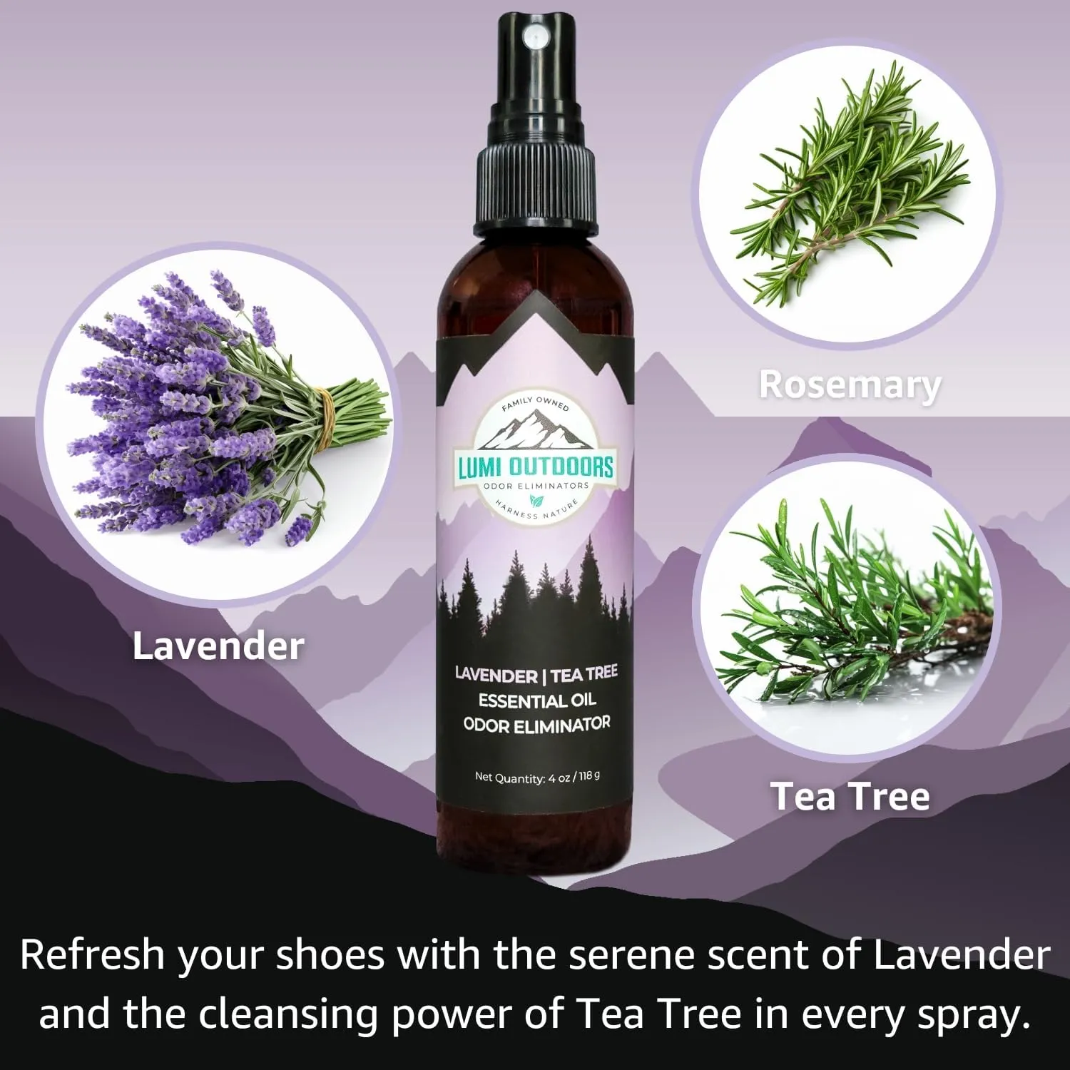 Lumi Outdoors Natural Shoe Deodorizer Spray 3 Pack Bundle - Lemon Eucalyptus, Citrus Tea Tree, Lavender Tea Tree