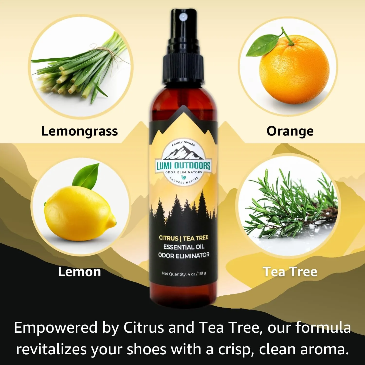 Lumi Outdoors Natural Shoe Deodorizer Spray 3 Pack Bundle - Lemon Eucalyptus, Citrus Tea Tree, Lavender Tea Tree