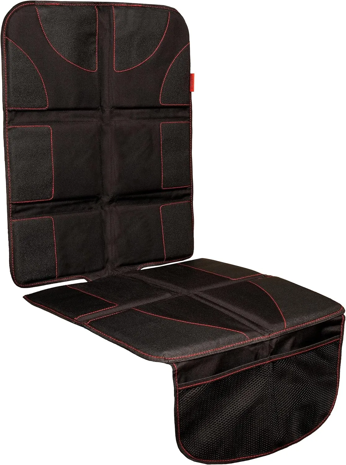 Lusso Gear Car Seat Protector - Baby Seat Mat - Thick Padding, 2 Mesh Storage Pockets, Waterproof, Non-Slip Backing - Black with Red Stitching