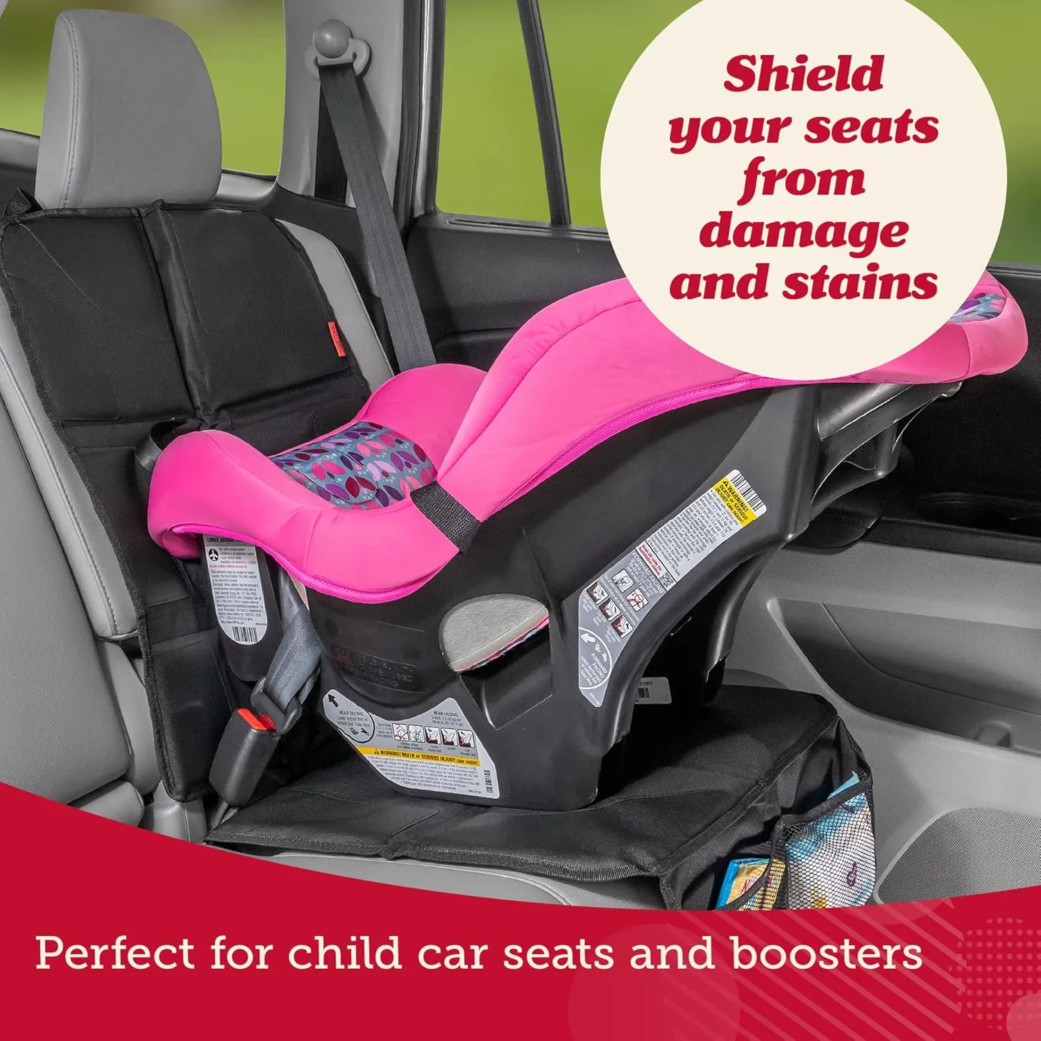 Lusso Gear Car Seat Protector - Baby Seat Mat - Thick Padding, 2 Mesh Storage Pockets, Waterproof, Non-Slip Backing - Black with Red Stitching