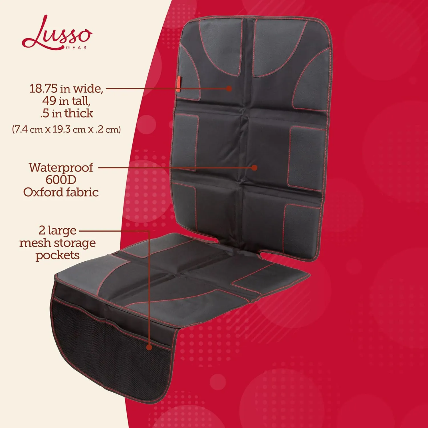 Lusso Gear Car Seat Protector - Baby Seat Mat - Thick Padding, 2 Mesh Storage Pockets, Waterproof, Non-Slip Backing - Black with Red Stitching