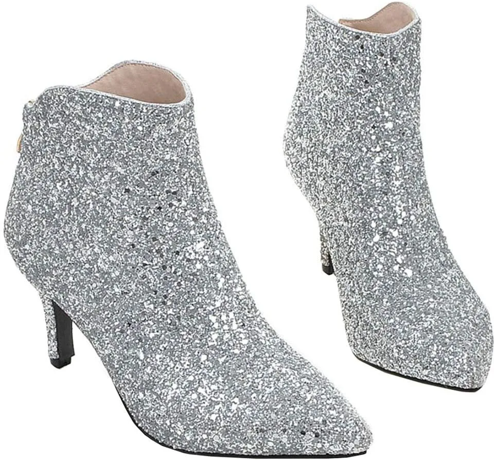 LUXMAX Womens Glitter Kitten Heel Boots Pointed Toe Zipper Ankle Booties