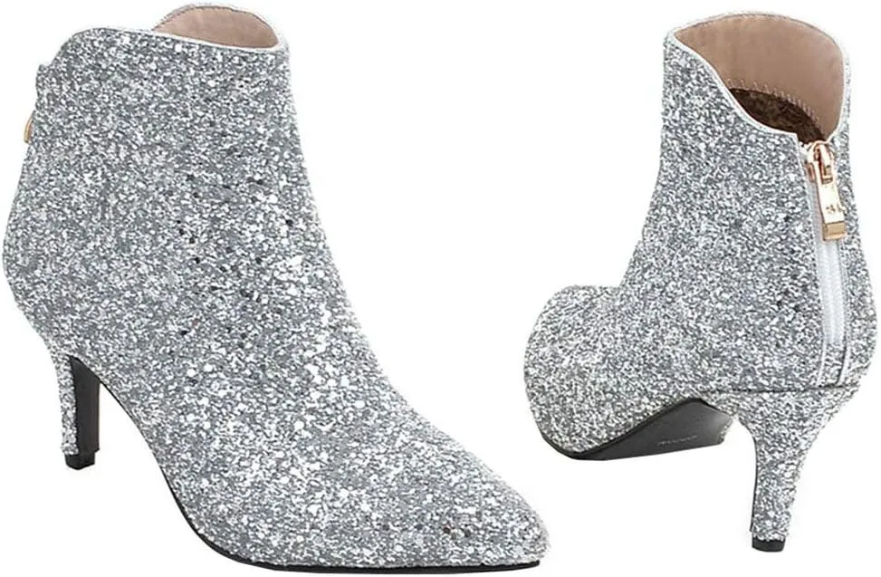 LUXMAX Womens Glitter Kitten Heel Boots Pointed Toe Zipper Ankle Booties