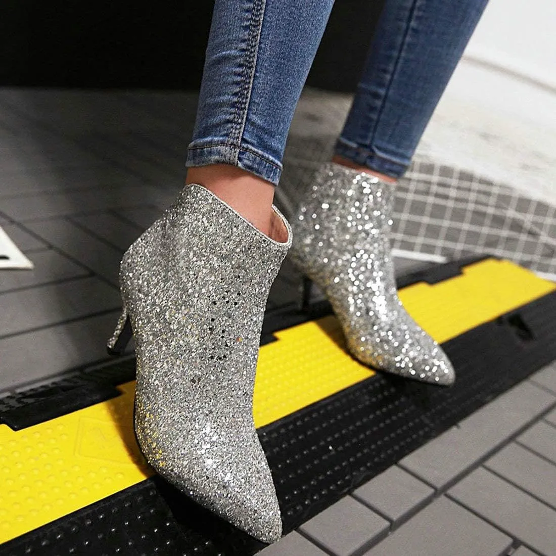 LUXMAX Womens Glitter Kitten Heel Boots Pointed Toe Zipper Ankle Booties