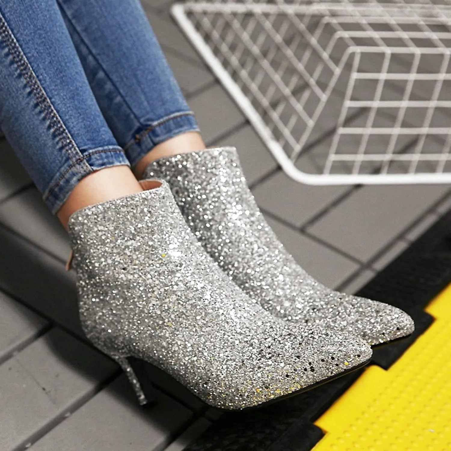 LUXMAX Womens Glitter Kitten Heel Boots Pointed Toe Zipper Ankle Booties