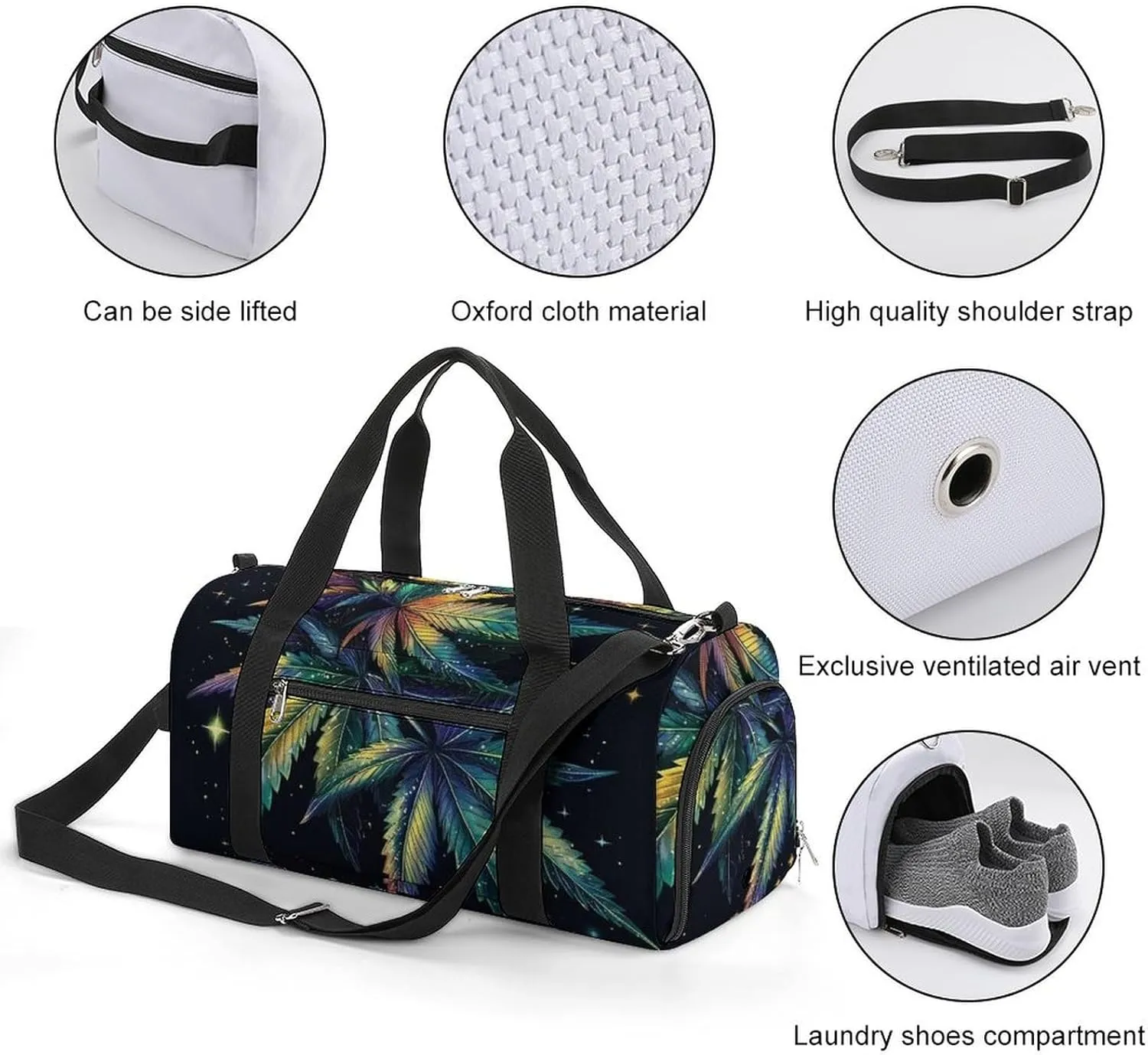 Magic Cannabis Leafs Fitness Large Gym Bag for Unisex with Shoe Compartment & Wet Pocket