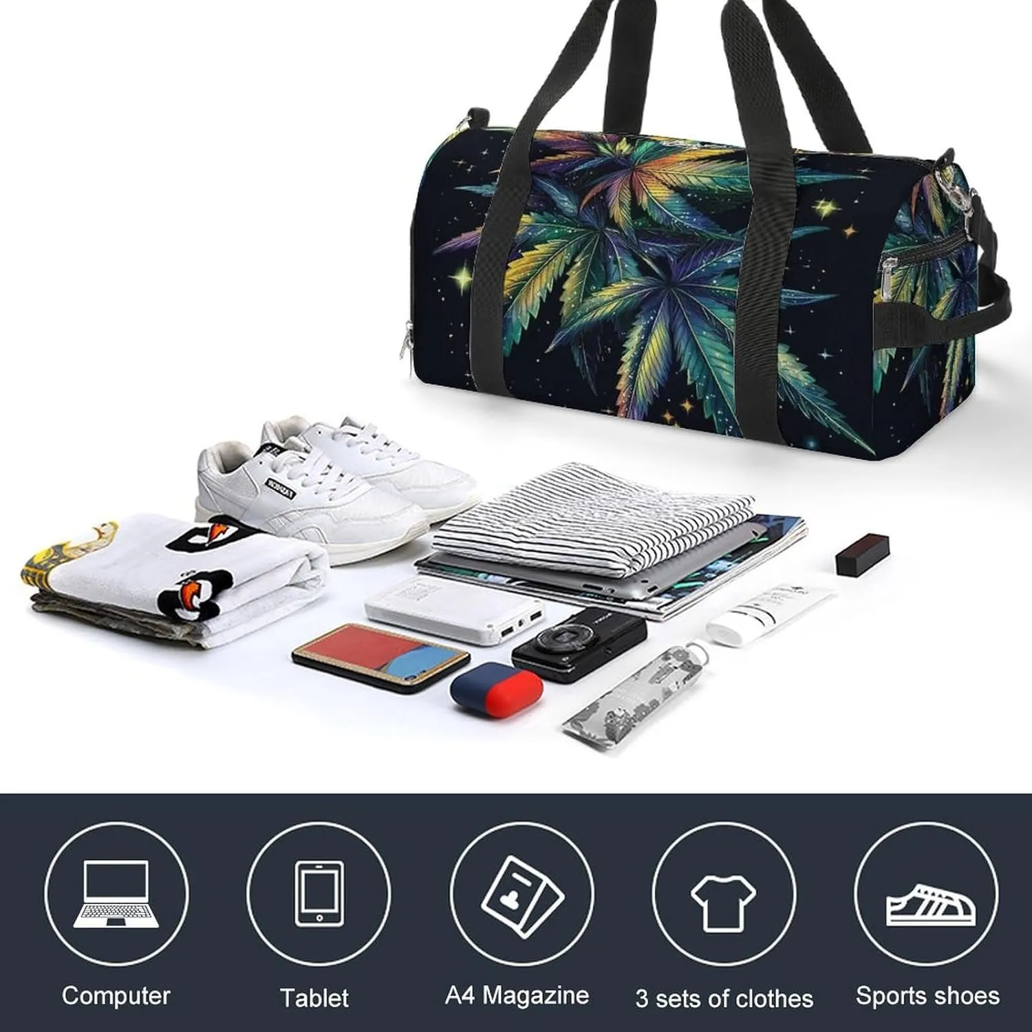 Magic Cannabis Leafs Fitness Large Gym Bag for Unisex with Shoe Compartment & Wet Pocket