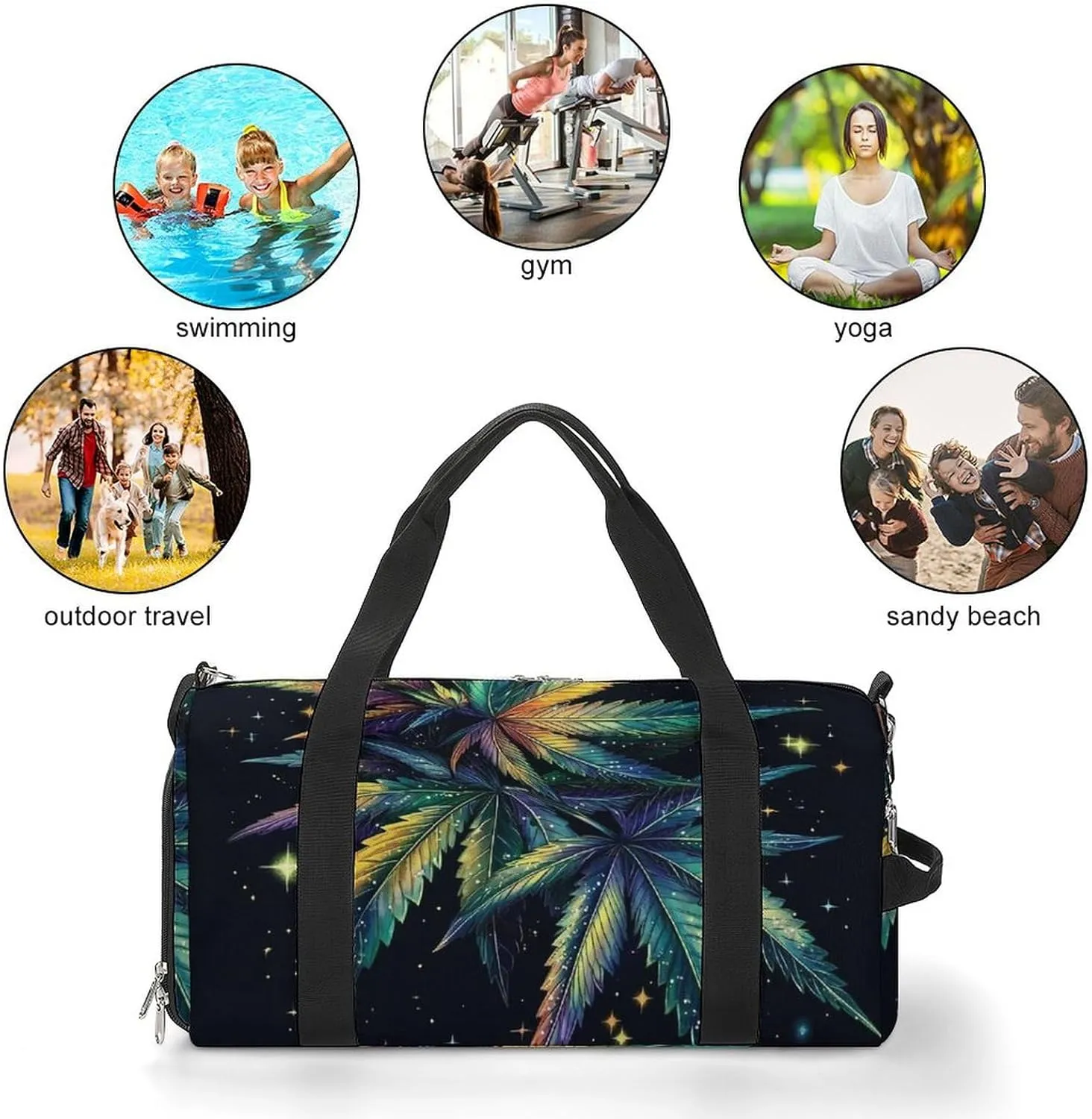 Magic Cannabis Leafs Fitness Large Gym Bag for Unisex with Shoe Compartment & Wet Pocket