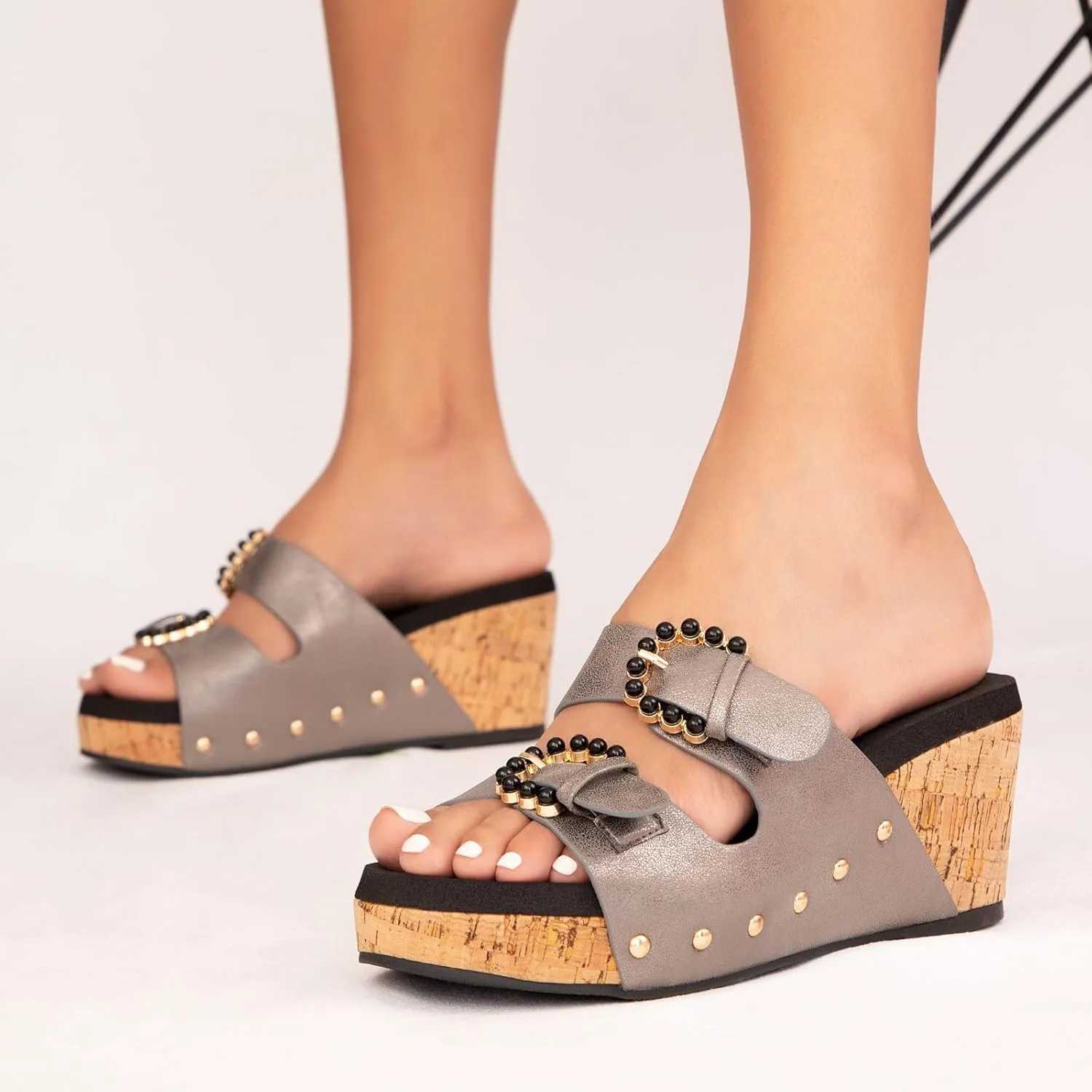 Makers Shoes - Brianna - Women's Cork Wedge Sandals, Studded Double Strap, Metallic