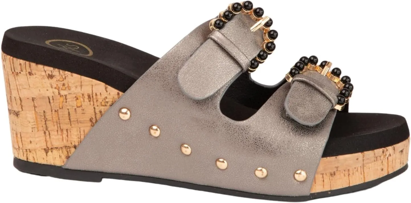 Makers Shoes - Brianna - Women's Cork Wedge Sandals, Studded Double Strap, Metallic
