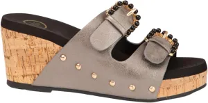 Makers Shoes - Brianna - Women's Cork Wedge Sandals, Studded Double Strap, Metallic