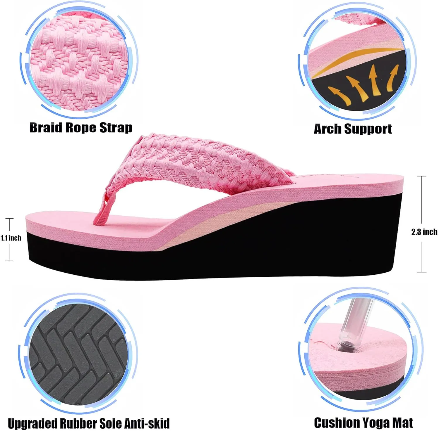 MALIDA Womens Wedge Arch Support Flip Flops Cushion Soft Rubber Midsole Platform Thong Sandals with Rubber Sole