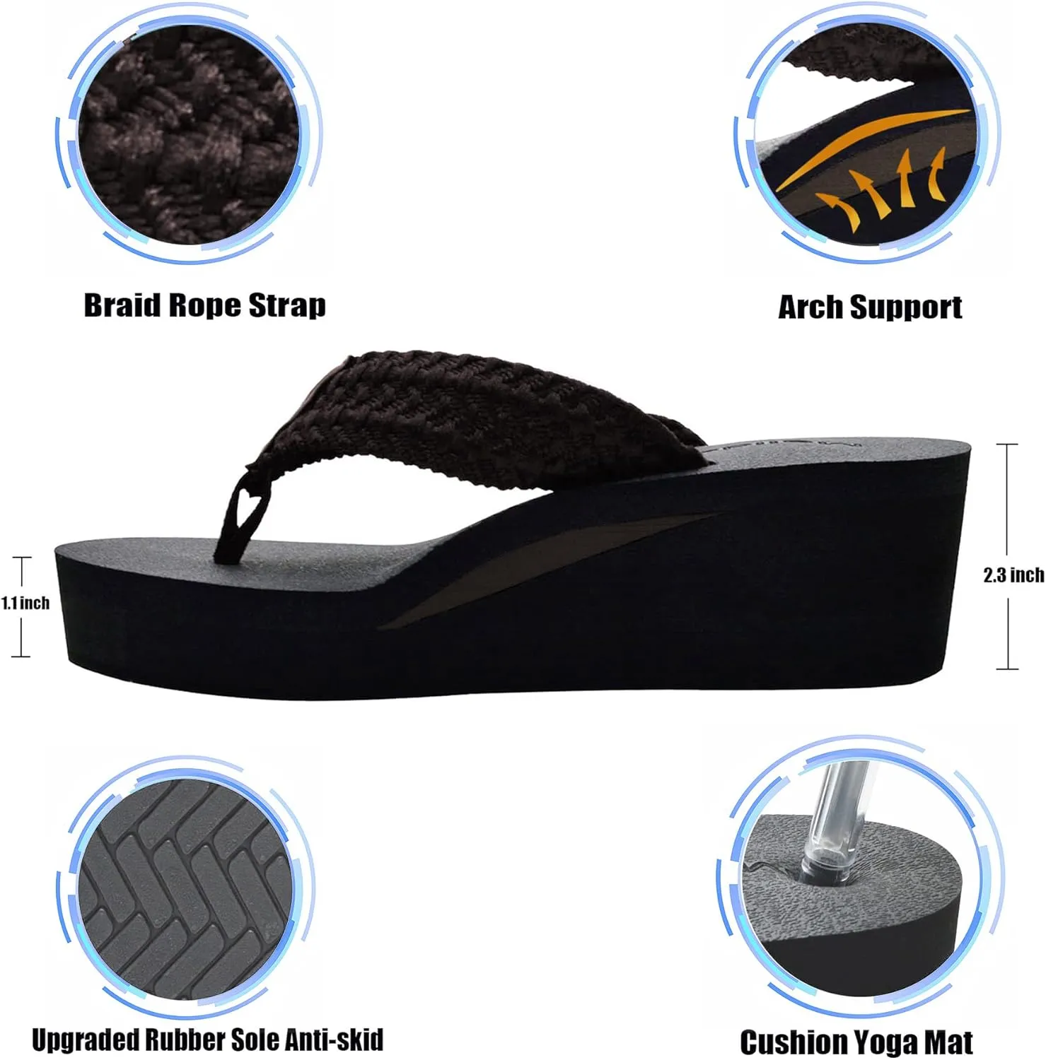 MALIDA Womens Wedge Arch Support Flip Flops Cushion Soft Rubber Midsole Platform Thong Sandals with Rubber Sole
