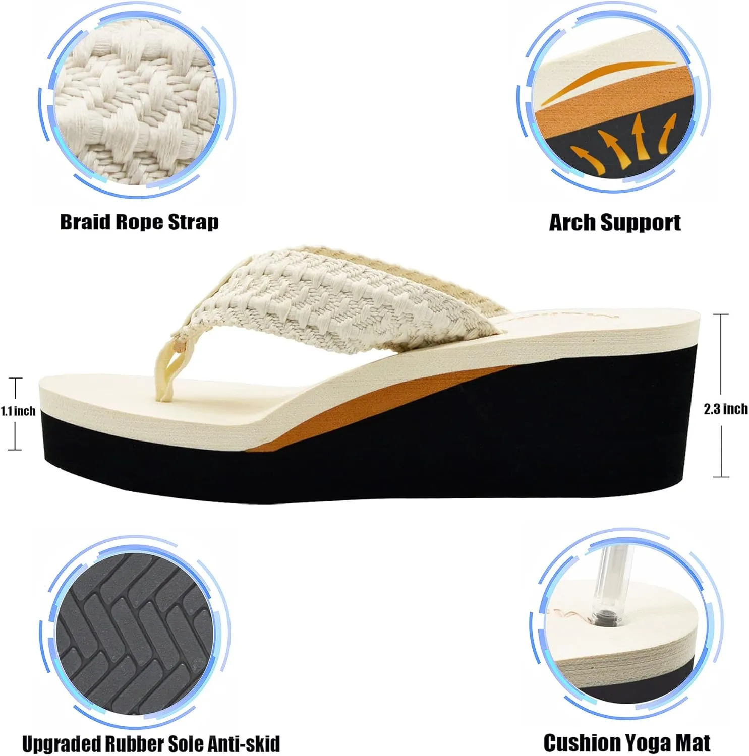 MALIDA Womens Wedge Arch Support Flip Flops Cushion Soft Rubber Midsole Platform Thong Sandals with Rubber Sole
