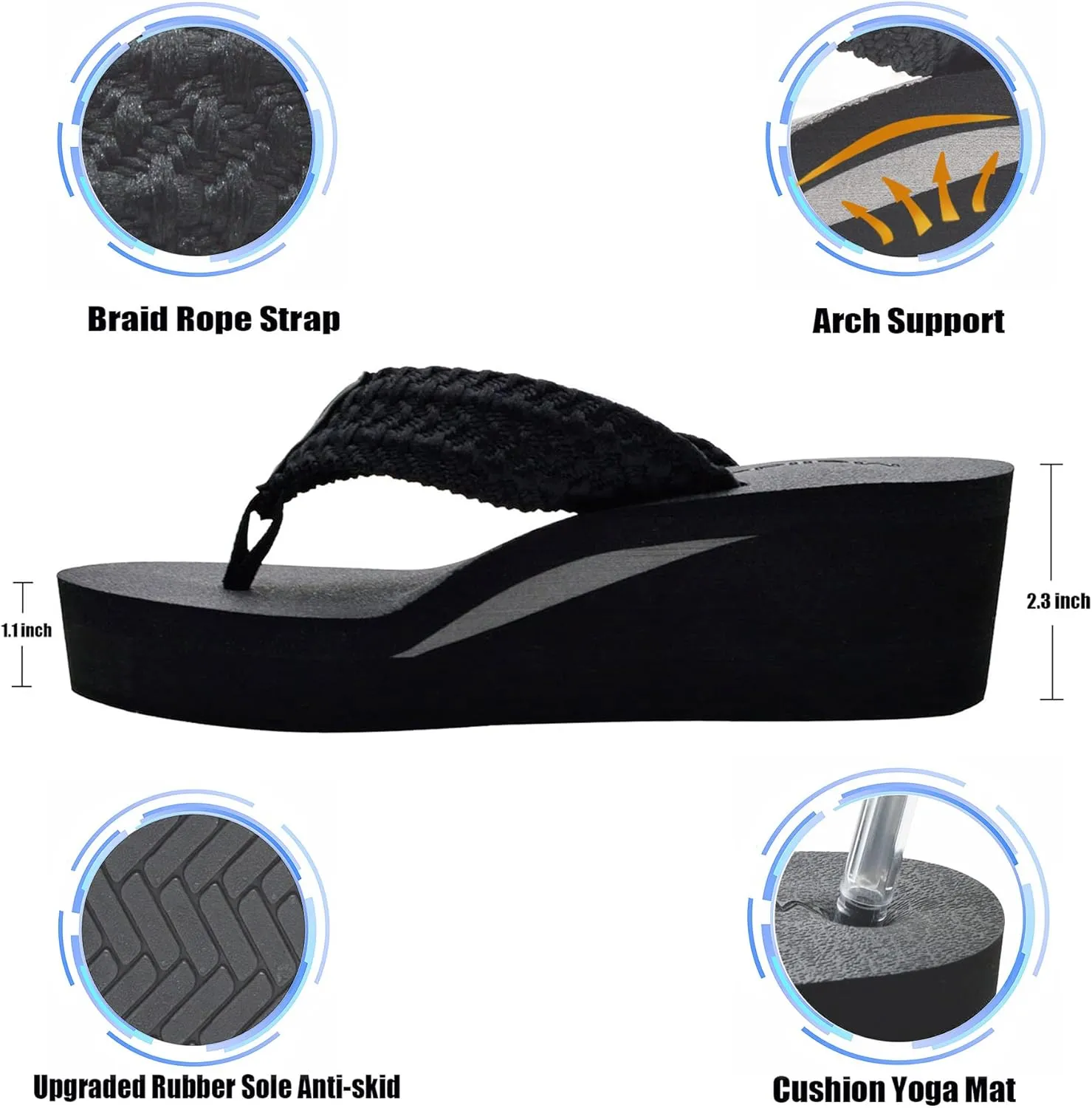 MALIDA Womens Wedge Arch Support Flip Flops Cushion Soft Rubber Midsole Platform Thong Sandals with Rubber Sole
